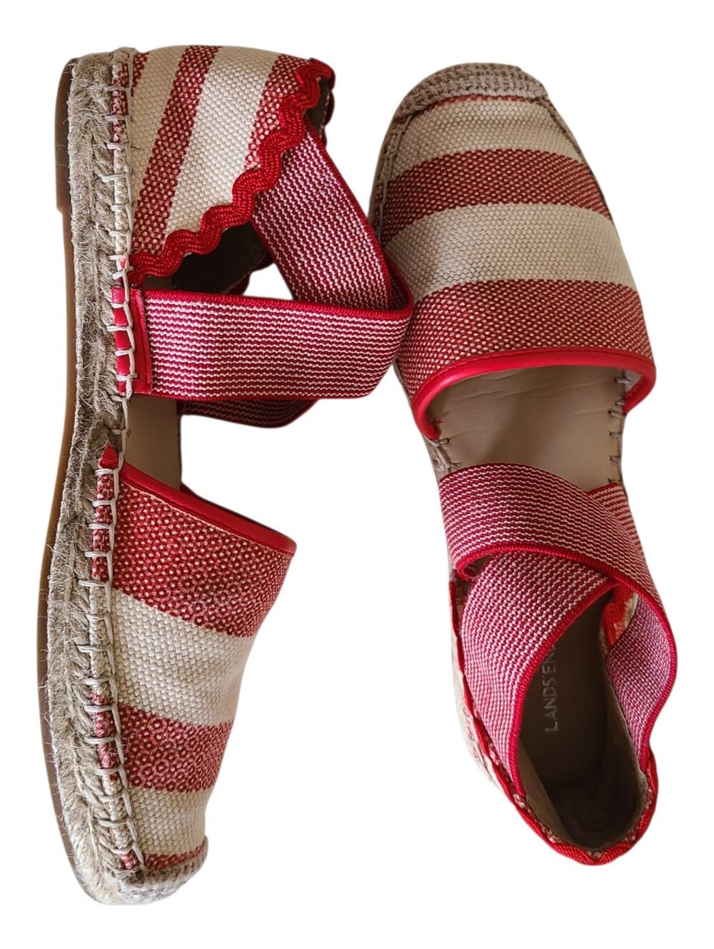 lands' end red & white striped elastic strap espadrilles size 7